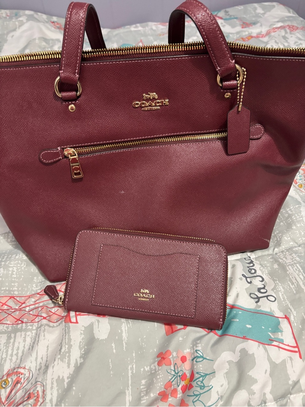 Coach Wine Red Saffiano Leather Tote and Wallet with Gold Hardware